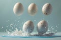 Graphic minimalist background with eggs falling on blue paper, simple and clean with a light color scheme, flat composition a Royalty Free Stock Photo