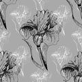 Graphic irises on gray background. Seamless pattern.