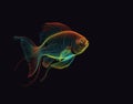 Graphic neon, digital fish isolated on a dark blue background. Oceanarium, marine science concept. Modern graphic illustration