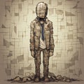 Grunge Patchwork: A Dystopian Cartoon Illustration Of A Man Covered In Paper Royalty Free Stock Photo