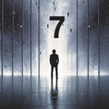 Silhouette of a man looking at the number seven. 3d rendering
