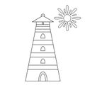 Graphic outline lighthouse and sun isolated on white background. Simple cartoon style. Geometric elements. Sea and ocean. Navigati