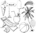 Graphic outline set with ten summer beach objects