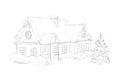Graphic outline sketch with december landscape with country house, lawn and trees