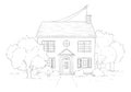 Graphic outline sketch landscape with country house, lawn and trees Royalty Free Stock Photo