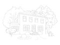 Graphic outline sketch landscape with country house, lawn and trees