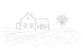 Graphic outline sketch with landscape with country house, lawn and trees