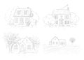 Graphic outline sketch set with landscape and country houses, lawn and trees