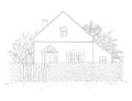 Graphic outline sketch spring landscape with country house, lawn and trees