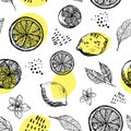 Graphic pattern with lemons, lemon slices with flowers. Seamless pattern with summer lemons, hand-drawn in ink. Yellow