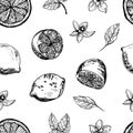 Graphic pattern with lemons, lemon slices with flowers. Seamless pattern with summer lemons, hand-drawn in ink. Vector