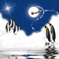 Graphic Penguins observing Santa Claus Flying with Reindeer at night in Artic