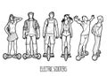 Graphic people riding on electric scooters