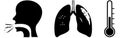 Graphic pictogram of a human head that coughs, and the lungs and a thermometer