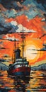 Sunset Art Ship: A Graphic Pop-art Painting Inspired By Ilya Mashkov And R Kenton Nelson
