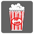 Graphic pop corn. Large box of cinema pop corn. American food. Fast food, junk food. Vector isolated illustration of pop corn.