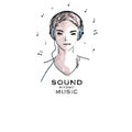 Graphic portraits of a girl listening to the music, headphones, musical notes around/illustration