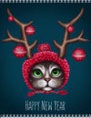 Graphic poster, hipster cat with deer horns hat and red knitted hat, new year card, christmas poster, and drawn illustration Royalty Free Stock Photo