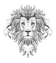 Graphic poster with lion king dressed in boho style feathers necklace, front view portrait