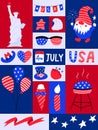 Graphic poster with national symblos of USA independence day. Greeting card for 4th of July. Statue of liberty, grill