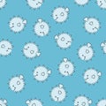 Graphic puffer fish seamless pattern. Sea hedgehog on blue. Vector background for childrens