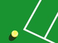 Graphic realistic vector illustration of one yellow tennis ball laying on green court with white baseline fragment in bright sunli