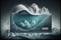melting of glaciers , graphic render of snowy mountains in north pole and bar and lin