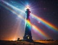 Graphic rendering of a lighthouse radiating colorful lights, associated with ideas of aspiration, delight, and heterogeneity