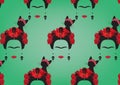 Graphic representation of Frida Kahlo`s background, minimalist portrait with earrings skulls, red flowers and black cat