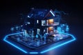 A graphic representation of a house with a glowing blue schematic overlay