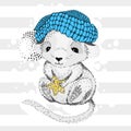 Graphic representation of a rat in a knitted hat with a gingerbread in paws. cheerful children\'s character, for T-shirt prints,