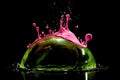 Close-up view of macro green and purple color mix liquid splash background