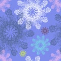 Colorful graphic rose snowflake on a light blue background. Floral seamless pattern.