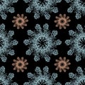 Colorful graphic rose snowflake on a black background. Floral seamless pattern. Royalty Free Stock Photo
