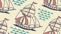 Graphic Sailboat & Stylized Waves Seamless Pattern, vector design Generative AI Royalty Free Stock Photo