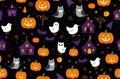 Graphic seamless Halloween pattern with pumpkins, purple castle houses on black background Royalty Free Stock Photo