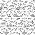 Graphic seamless pattern with fish and seafood elements, vector sketch style hand drawn illustration suitable for textile Royalty Free Stock Photo