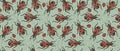 Graphic seamless pattern with ladybugs and firebugs in red, grey and brown colors on a light green background
