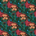 Graphic seamless pattern with orange crocuses, blue berries, small red flowers and green leaves