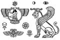 Graphic set: figures of the Assyrian mythology - winged god and a lion a sphinx. Royalty Free Stock Photo