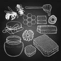 Graphic set of honey, caps, dripper, honeycombs, bees and flowers