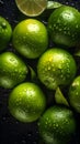 Juicy limes, some whole and some halved, covered in droplets of water against a dark background.