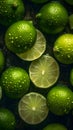 Juicy limes, some whole and some halved, covered in droplets of water against a dark background.