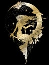 Graphic silhouette of a art deco woman. Moon and stars queen. Flat style illustration. Fashion luxury