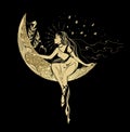 Graphic silhouette of a art deco woman. Moon and stars queen. Flat style illustration. Fashion luxury Royalty Free Stock Photo