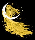 Graphic silhouette of a art deco woman. Moon and stars queen. Flat style illustration. Fashion luxury