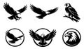 Graphic silhouette eagle set featuring various eagles in flight, perched, and emblem designs for logo creation and branding Royalty Free Stock Photo