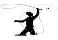 Fisherman in action. Guy is throwing spoon of fly rod in water and holding part of it in hand Royalty Free Stock Photo