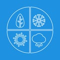Graphic simple four seasons sign. White flat vector icon isloated on blue background. Winter, spring, summer, autumn - all year r