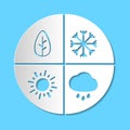 Graphic simple paper cut four seasons sign. White paper art vector icon isloated on blue background.